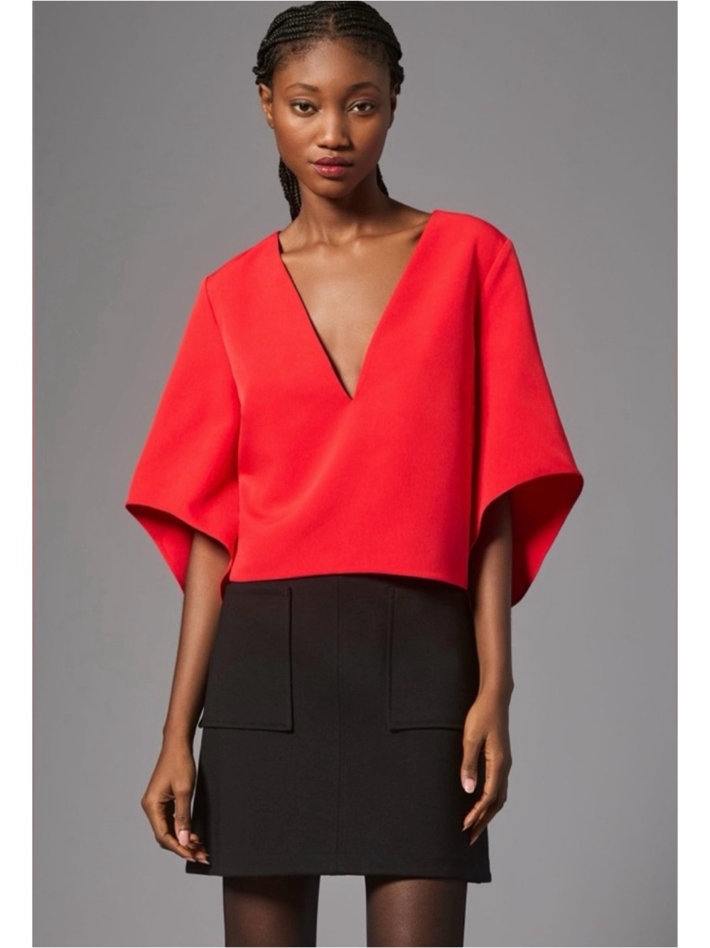 Red V-Neck Draped Sleeve Women's Top